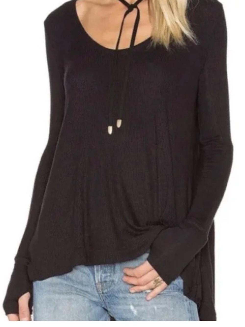 Free People We the Free. Black Scoop Neck Long Sleeve thermal Top. Size L